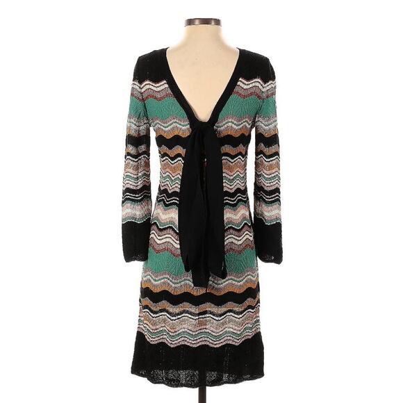 Missoni Mini Dress Striped Zig Zag Knit Long Sleeve 36 0 Wool Viscose Tie Neck - Picture 2 of 7